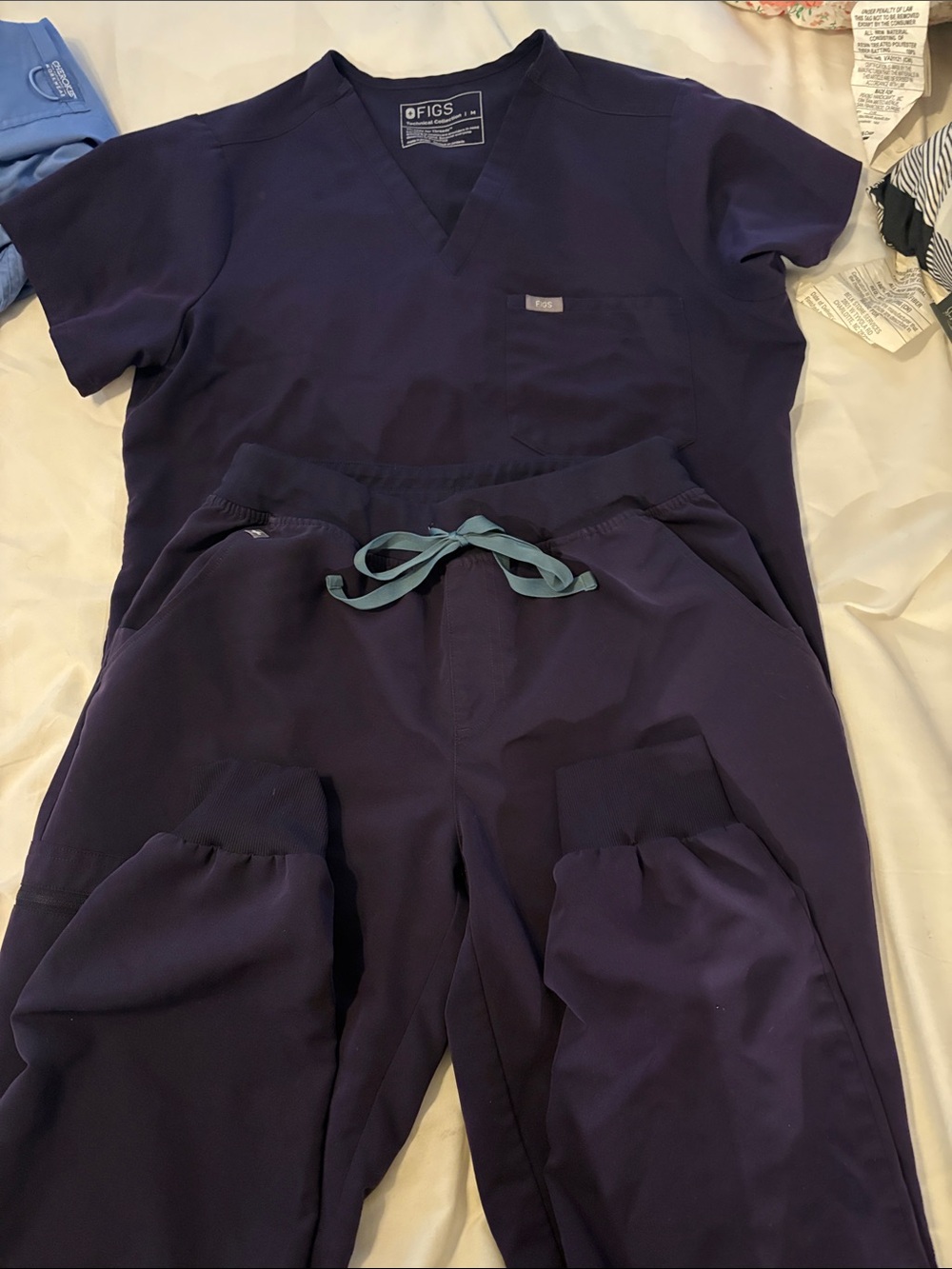 Figs Navy Scrub Set with Teal Drawstring